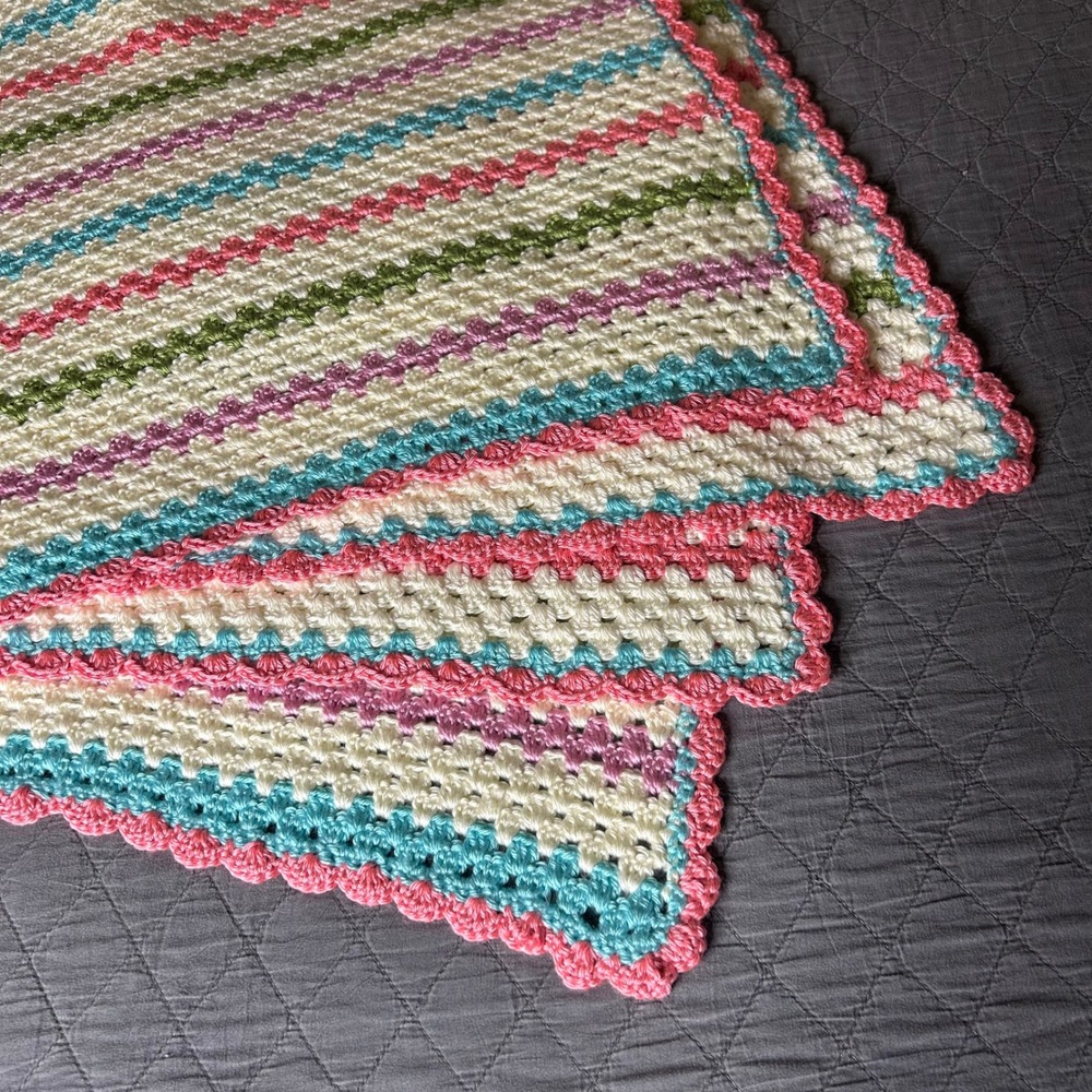 Handmade‎ Crochet Baby Blanket Knit Throw Pastel Stripe Pink Blue Green Purple